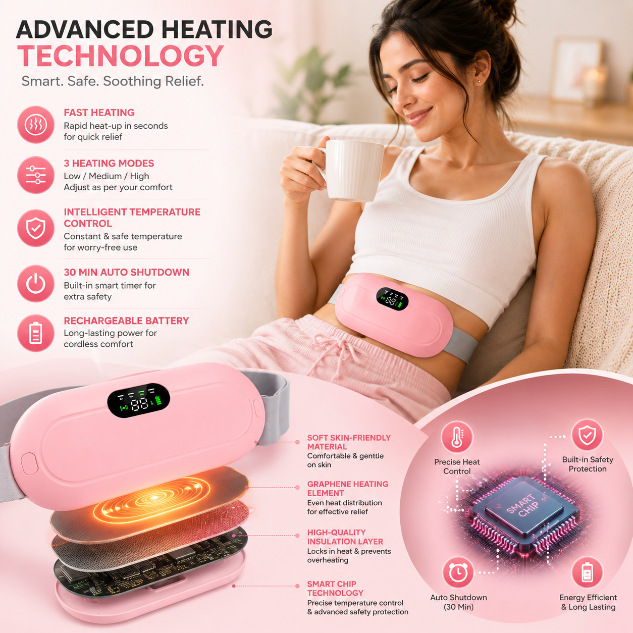 Period Cramps Massager | Portable Cordless Heating pad for Menstrual Cramps Relief,