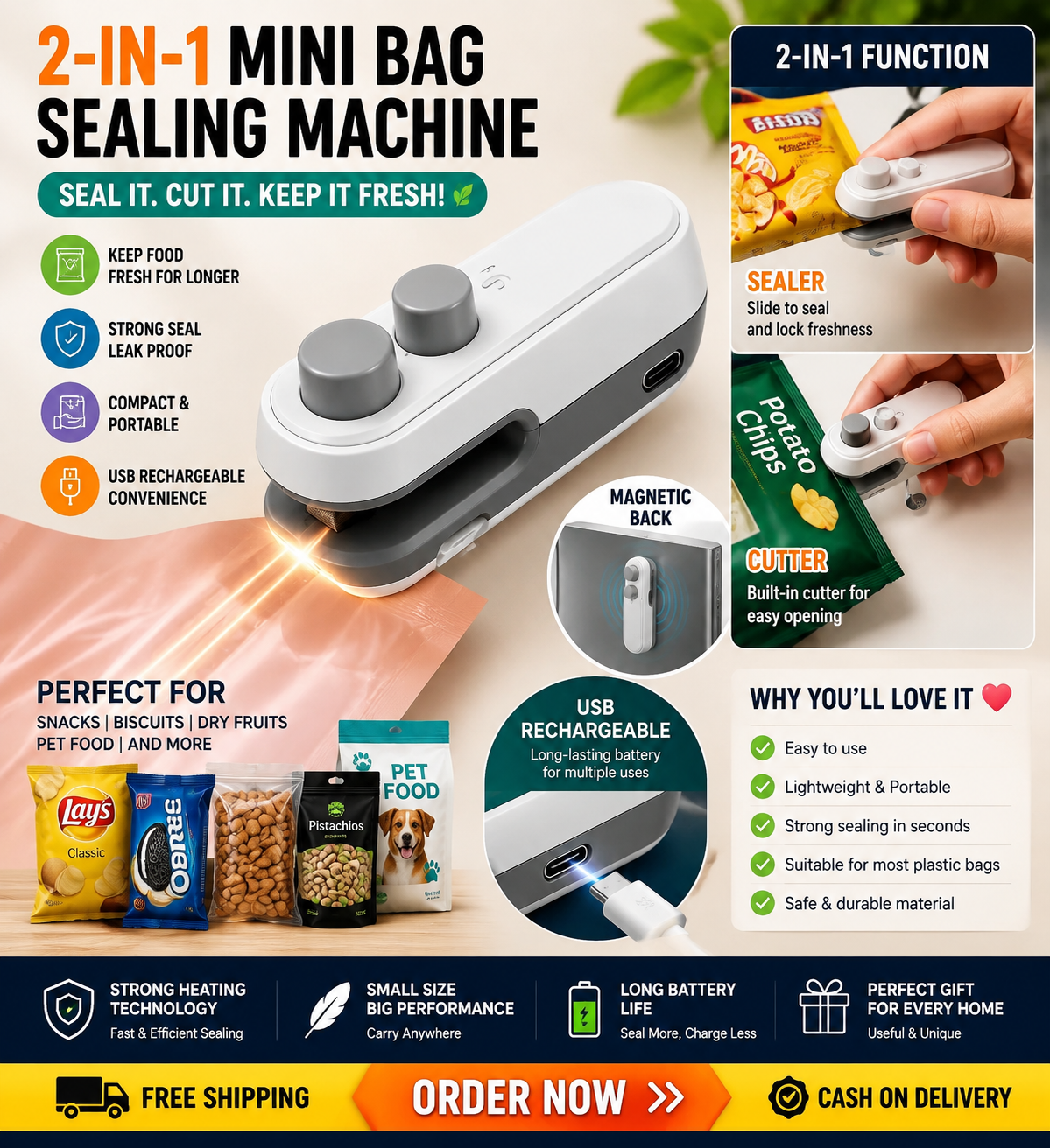 2 in 1 Mini seal machine, USB Rechargeable magnetic heat sealer & cutter | Portable food packet sealer
